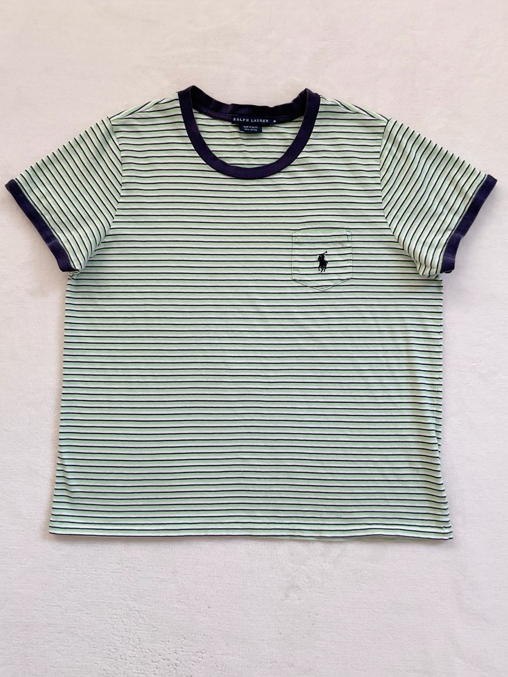 Ralph Lauren XL Green Striped Ringer Pocket Tee 100% Cotton